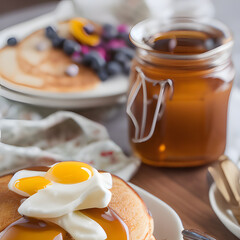 A Background with honey with pan cakes, eggs, fried eggs