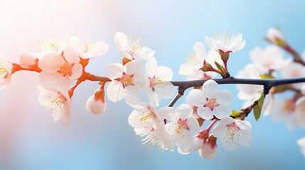 Beautiful floral spring abstract background of nature. Branches of blossoming apricot macro with soft focus on gentle light blue sky background. For easter and spring greeting cards with copy space