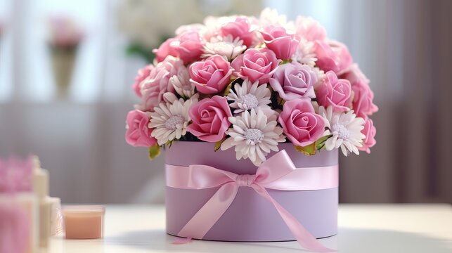 Beautiful bouquet of flowers in round box and pink gift box on a white table. Gift for holiday, birthday, Wedding, Mother's Day, Valentine's day, Women's Day. Floral arrangement in a hat box
