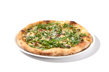Italian pizza with cheese and mushrooms, topped with fresh arugula