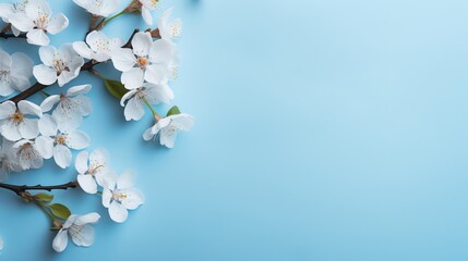 Beauty background with facial cosmetic products, leaves and cherry blossom on pastel blue desktop background. Modern spring skin care layout, top view, flat lay. - obrazy, fototapety, plakaty