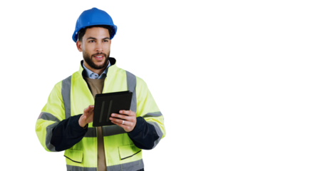 Man, construction worker and thinking with tablet for architect project, contractor or decision. Male person, hard hat and renovation app or isolated transparent png background, career or internet