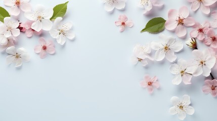 Obraz premium Beauty background with facial cosmetic products, leaves and cherry blossom on pastel blue desktop background. Modern spring skin care layout, top view, flat lay.