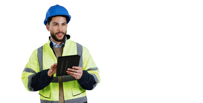 Man, construction worker and thinking with tablet for architect project, contractor or decision. Male person, hard hat and renovation app or isolated transparent png background, career or internet