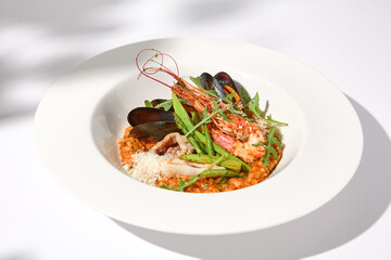 Tomato seafood risotto casting soft shadows on white, an ideal representation of Italian cuisine and summer dishes