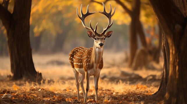 Chital or cheetal, Axis axis, spotted deers or axis deer in nature habitat. Bellow majestic powerful adult animals