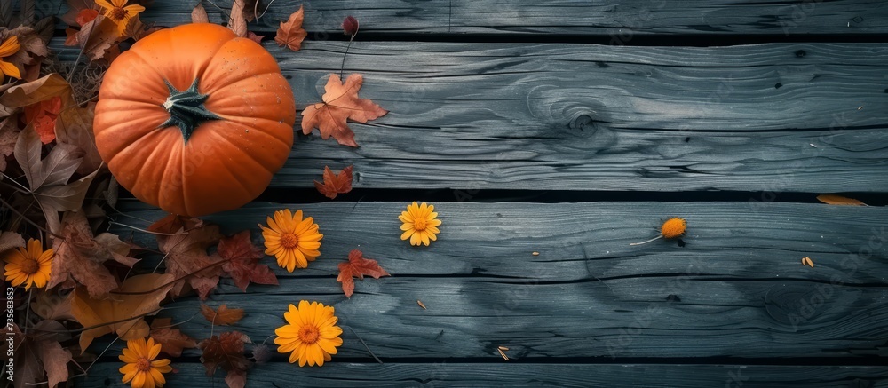 Sticker Rustic Autumn Still Life with Pumpkin and Colorful Leaves on Wooden Surface