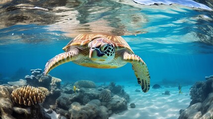 Obraz premium Collage of underwater world with sea turtle family swimming in the depth