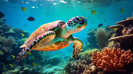 Collage of underwater world with sea turtle family swimming in the depth
