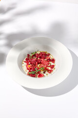Beetroot Ravioli Bows with Cream Sauce and Leaf Shadow, Elegance on a Plate for Fine Dining Experiences