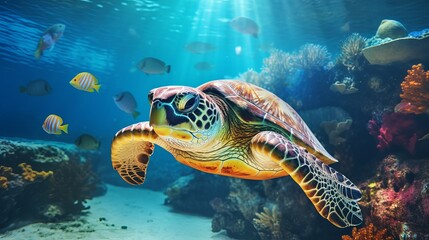 Fototapeta na wymiar Collage of underwater world with sea turtle family swimming in the depth