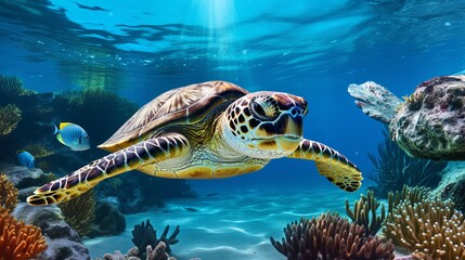 Fototapeta premium Collage of underwater world with sea turtle family swimming in the depth