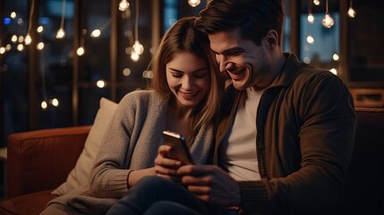 Couple Use Smartphone Device, while Sitting on a Couch in the Cozy Apartment. Boyfriend and Girlfriend Talk, do e-Shopping on Internet, Watching Funny Videos, Use Social Media, Streaming Service