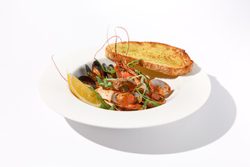 Seafood Sauté with Tomato Sauce and Ciabatta Crouton, a Delectable Medley for Seafood Lovers