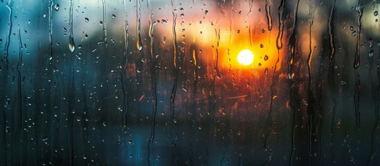 Serene window view with rain and sun in the background, creating a peaceful atmosphere