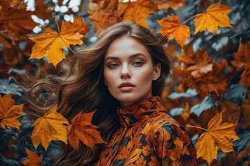 Naklejka na ściany i meble Beautiful girl in yellow autumn leaves around 