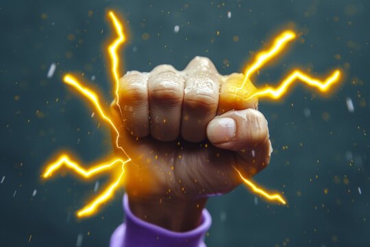 womans hand with raised fist purple background