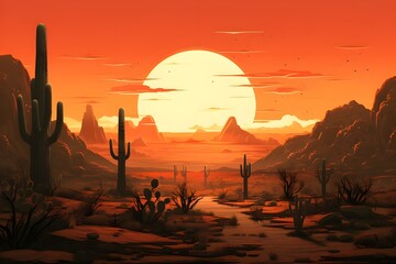 A rocky desert landscape with cacti silhouetted against a fiery sunset. 