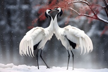 A pair of red-crowned cranes engaging in an elegant courtship dance in a snowy landscape.