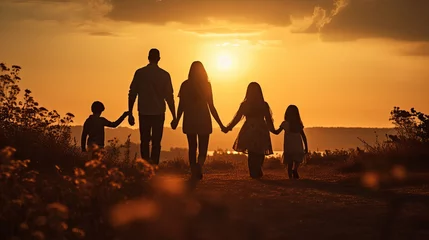 Crédence de cuisine en verre imprimé Brun Happy family: mother, father, children son and  daughter on nature  on sunset