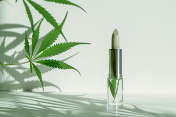 mockup CBD stick with cannabis leaves inside stay on the right of the frame, minimalism, copy space, solid white background