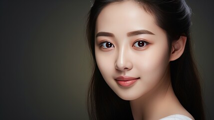 High-quality crop photo of skincare and cosmetics concept with copy space for text. Woman with beautiful face touching healthy facial skin portrait. Beautiful happy Asian girl model with natural