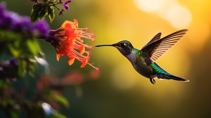 Fototapeta premium Hummingbird Green Violet-ear, Colibri thalassinus, bird flying next to beautiful ping orange and yellow flower in natural habitat, bird from mountain tropical forest, Savegre, Costa Rica