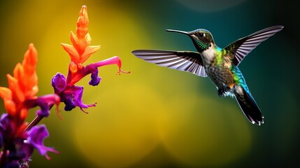 Fototapeta premium Hummingbird Green Violet-ear, Colibri thalassinus, bird flying next to beautiful ping orange and yellow flower in natural habitat, bird from mountain tropical forest, Savegre, Costa Rica