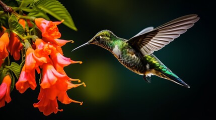 Fototapeta premium Hummingbird Green Violet-ear, Colibri thalassinus, bird flying next to beautiful ping orange and yellow flower in natural habitat, bird from mountain tropical forest, Savegre, Costa Rica