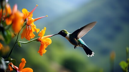 Hummingbird Green Violet-ear, Colibri thalassinus, bird flying next to beautiful ping orange and yellow flower in natural habitat, bird from mountain tropical forest, Savegre, Costa Rica
