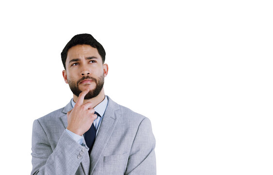 Businessman, face and thinking on idea, solution and planning or isolated on transparent png background. Male person, wonder and thought for contemplating on memory, remember or problem solving