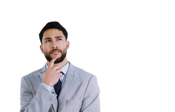 Businessman, face and thinking on idea, solution and planning or isolated on transparent png background. Male person, wonder and thought for contemplating on memory, remember or problem solving