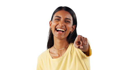 Woman, laughing and portrait pointing to you as funny reaction in transparent, isolated or png...