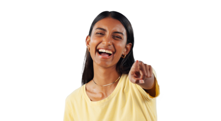 Woman, laughing and portrait pointing to you as funny reaction in transparent, isolated or png background. Happy, face and model with hand gesture as joke with humor or rude, bullying and gossip