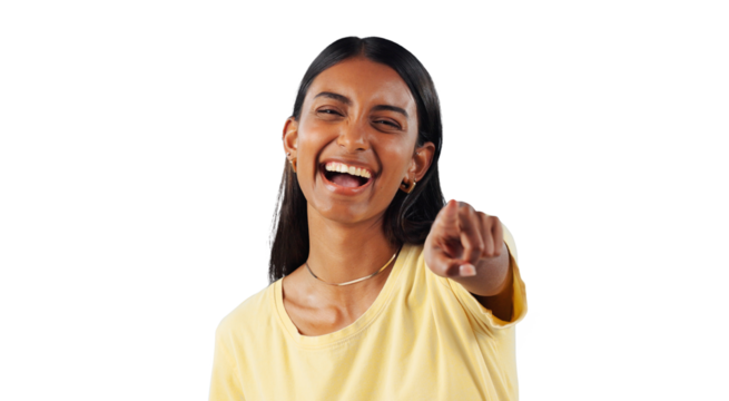 Woman, laughing and portrait pointing to you as funny reaction in transparent, isolated or png background. Happy, face and model with hand gesture as joke with humor or rude, bullying and gossip