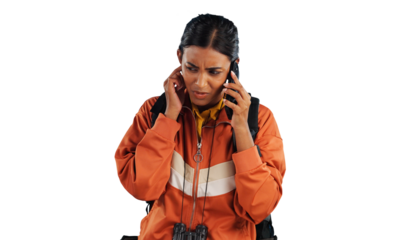 Woman, hiking and phone call or confused conversation or camping directions or vacation, trekking or mistake. Female person, cellphone and isolated transparent png background, reception or connection