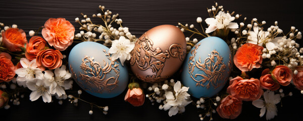 Easter Eggs Decorated with Flowers - Pasteel Blue and Pink Colored