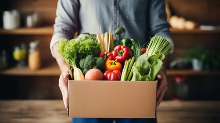 Online grocery shopping and home delivery: hands holding a box full of groceries - obrazy, fototapety, plakaty