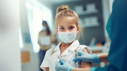 Pediatrician, girl and doctor with vaccine injection, cotton ball and flu shot on arm for disease or covid prevention in hospital. Woman, nurse and immunity of child against virus, bacteria or happy