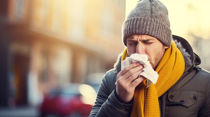 Portrait of sick handsome man wearing grey sweater, yellow hat and spectacles, blowing nose and sneeze into tissue. Male have flu, virus or allergy respiratory. Healthy, medicine and people concept - obrazy, fototapety, plakaty
