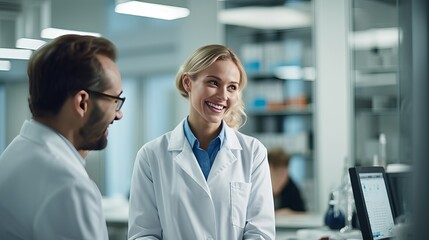 Portrait of two smiling laboratory workers looking at each other while doing medical research