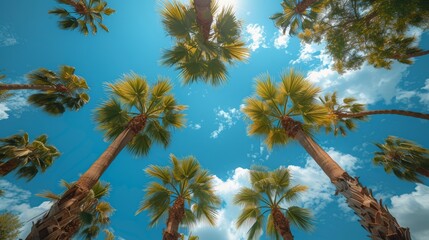 palm trees against the sky, from bellow, sunshine, tall