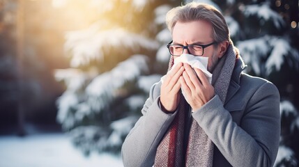 Portrait of sick handsome man wearing grey sweater, yellow hat and spectacles, blowing nose and sneeze into tissue. Male have flu, virus or allergy respiratory. Healthy, medicine and people concept - obrazy, fototapety, plakaty