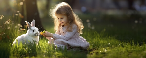 A Little Girl Feeds a Bunny - A Heartwarming Moment, Fictional Character Created By Generated AI.