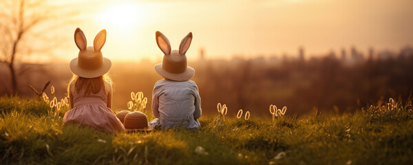 Two adorable bunny-eared girls enjoying the outdoors, Fictional Character Created By Generated AI. - obrazy, fototapety, plakaty