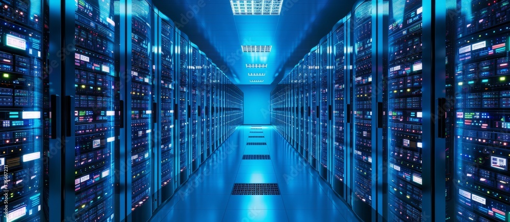 Poster a long row of powerful and reliable servers for data storage and processing purposes