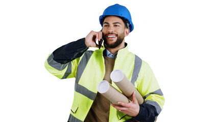 Man, architect and phone call with blueprints for building construction for renovation,...