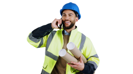 Man, architect and phone call with blueprints for building construction for renovation, conversation or online. Male person, cellphone and isolated transparent png background, project or engineering