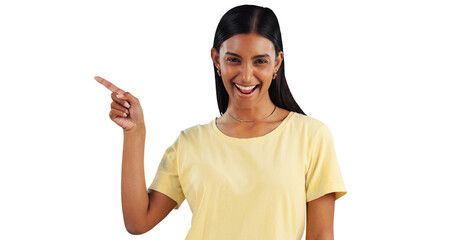 Indian woman, pointing at information and presentation, happiness in portrait and about us on png...