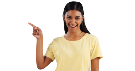 Indian woman, pointing at information and presentation, happiness in portrait and about us on png transparent background. Announcement, news and advertising, excited for ads and promo with marketing